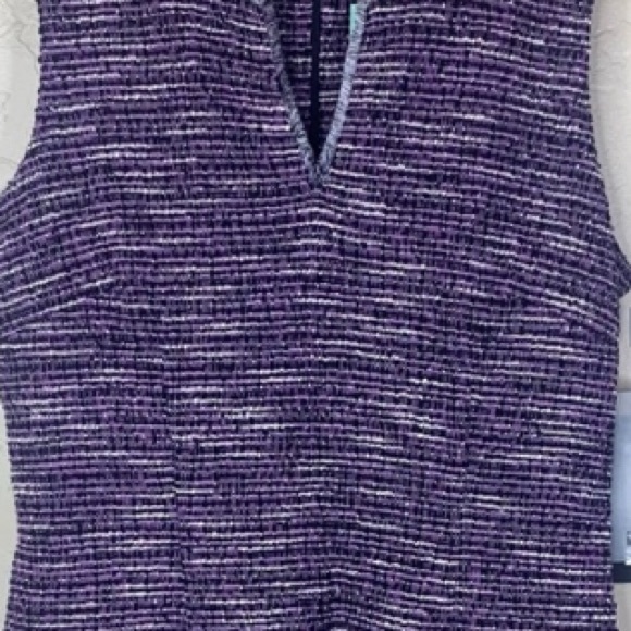 Karl Lagerfeld Paris Tweed Purple Black White Split Neck Sleeveless Shift Dress - Picture 3 of 8